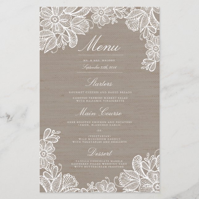 Menu du dîner Mariage Burlap and Lace (Devant)