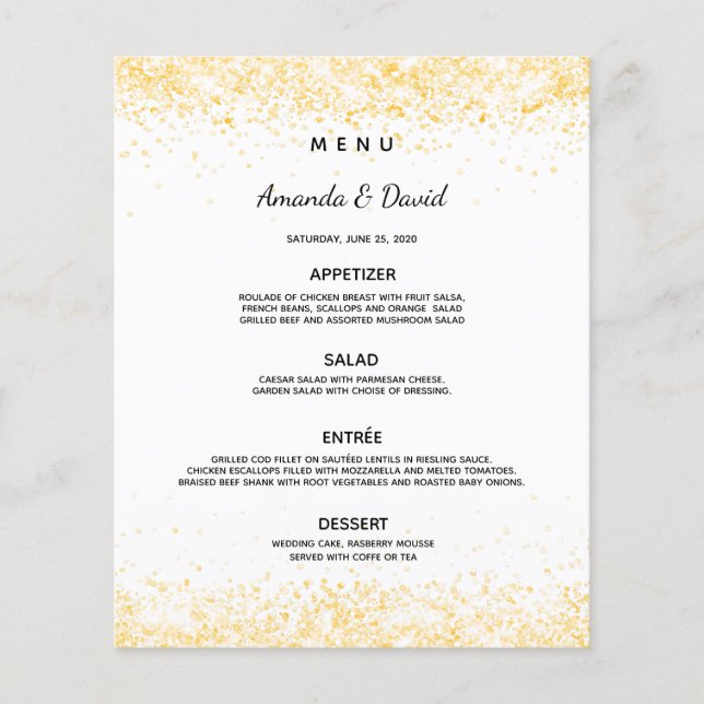 Menu du dîner mariage confetti d'or blanc (Devant)