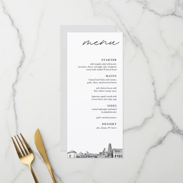 Menu du dîner Mariage de Pittsburgh Skyline (Devant/Arrière en situation)