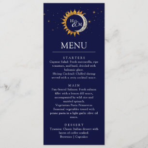 Menu du dîner Mariage Monogram Elegant Sun and Moo