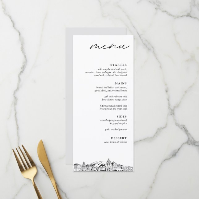 Menu du dîner Mariage Pasadena Skyline (Devant/Arrière en situation)