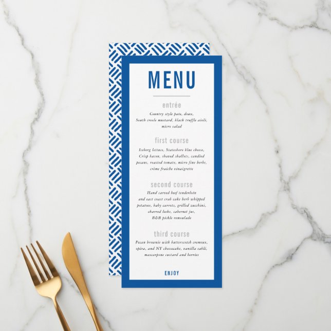 MENU DU DÎNER moderne bloc bleu royal (Devant/Arrière en situation)