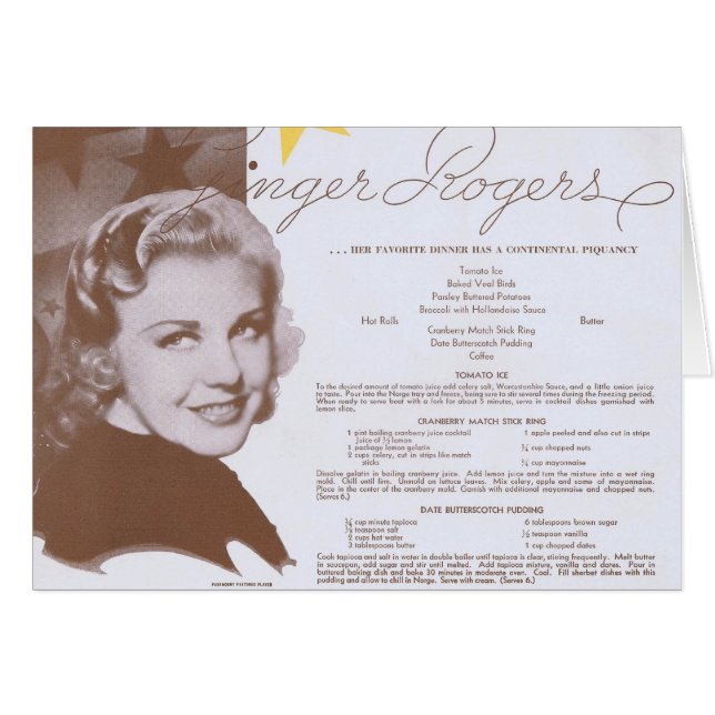 Menu du dîner Vintage Ginger Rogers (Devant horizontal)