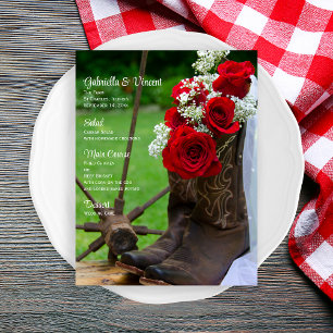 Menu du Mariage campagnard Boots Russes Roses et C
