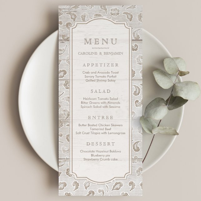 Menu du mariage campagnard rustique en dentelle bl (White lace wood rustic country wedding menu)