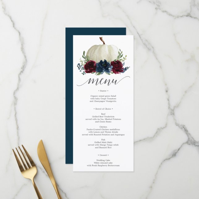 Menu du Mariage de automne Citrouille de la marine (Devant/Arrière en situation)