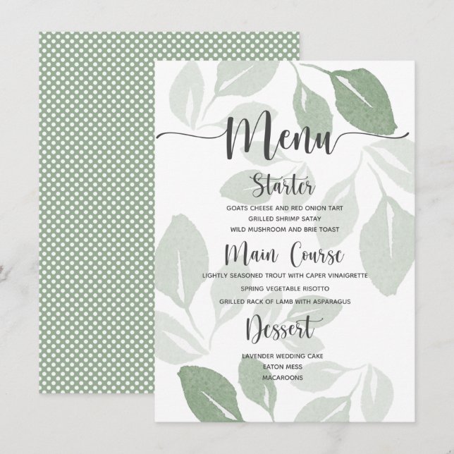 Menu du Mariage de feuillage vert moderne (Devant / Derrière)