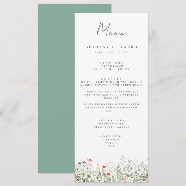 Menu du Mariage de prairie fleur sauvage (Devant / Derrière)