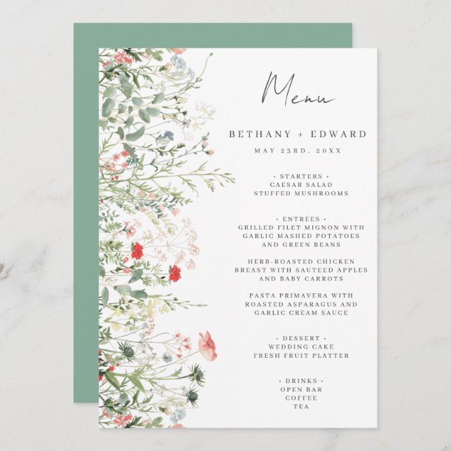 Menu du Mariage de prairie fleur sauvage (Devant / Derrière)
