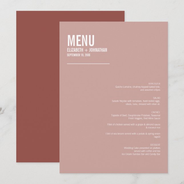 Menu du Mariage de typographie Rose Boho Dusty sim (Devant / Derrière)