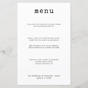 Menu du Mariage du dîner minimaliste moderne