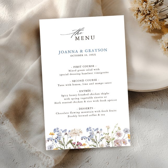 Menu du Mariage du Fleur sauvage de printemps colo (Colorful Spring Wildflower Meadow Wedding Menu)