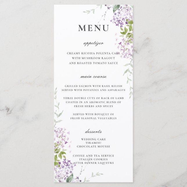 Menu du Mariage Lilac Purple Floral (Devant)