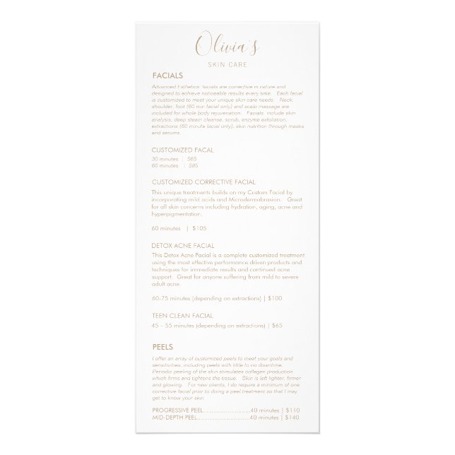 Menu du prix du service blanc spa Skincare (Devant)