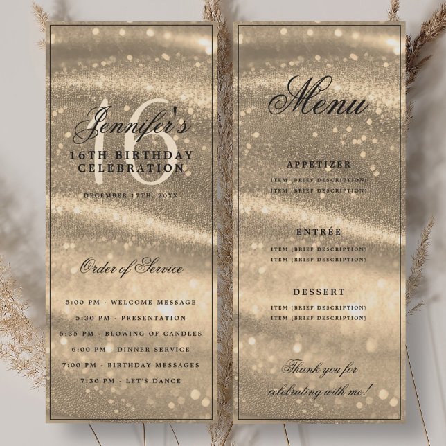 Menu du programme d'anniversaire 16 ans Elegant Go (Elegant Gold Sparkle 16th Birthday Program Menu)