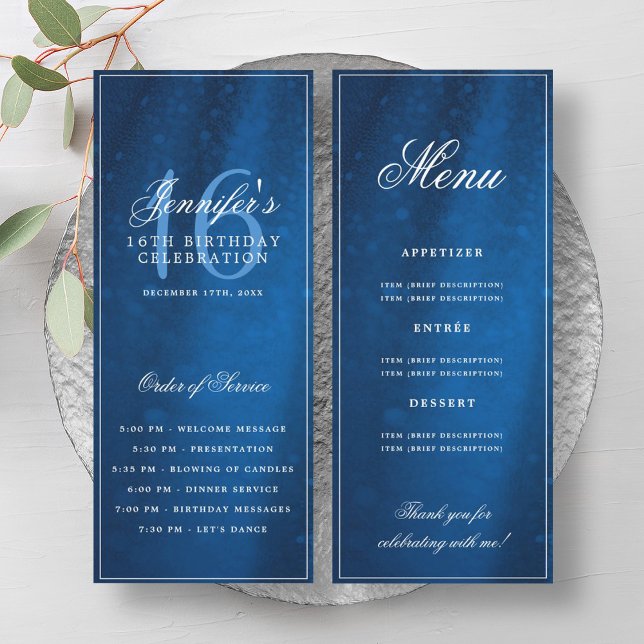 Menu du programme d'anniversaire 16 ans Elegant Na (Elegant Navy Sparkle 16th Birthday Program Menu)