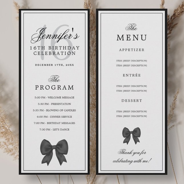 Menu du programme de 16e anniversaire au nœud noir (Elegant Black Bow 16th Birthday Program Menu )