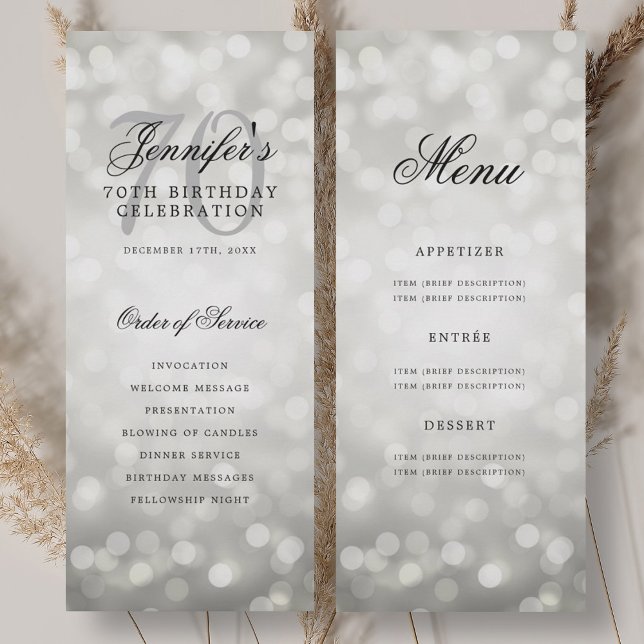 Menu du programme de 70e anniversaire Silver Bokeh (Silver Bokeh 70th Birthday Program Menu)