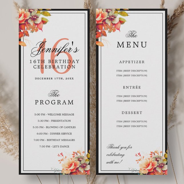 Menu du programme de fête d'anniversaire des 16 an (Autumn Fall Floral 16th Birthday Program Menu )