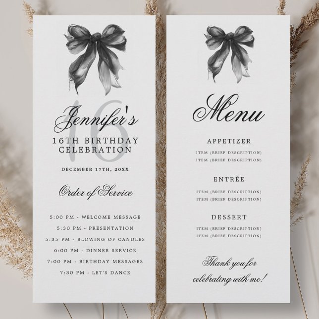 Menu du programme de fête d'anniversaire élégant a (Elegant Black Bow 16th Birthday Party Program Menu)