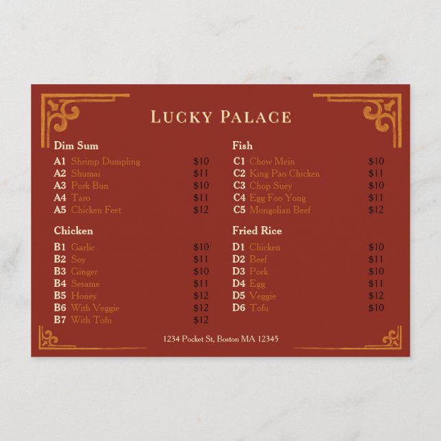 Menu du restaurant chinois à bordure dorée Red Fla (Dos)