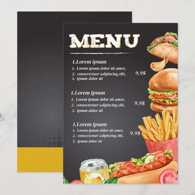 Menu du restaurant de restauration rapide (Devant / Derrière)