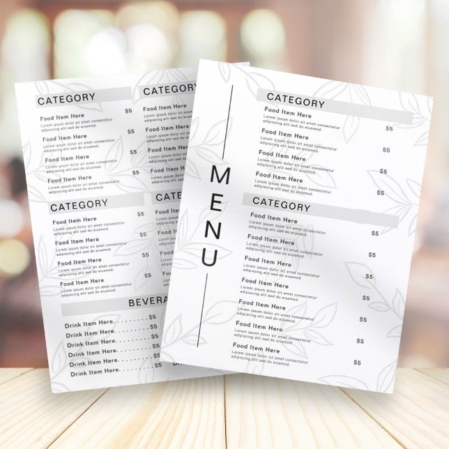 Menu du restaurant moderne Plante Feuille Noir & B (Créateur téléchargé)