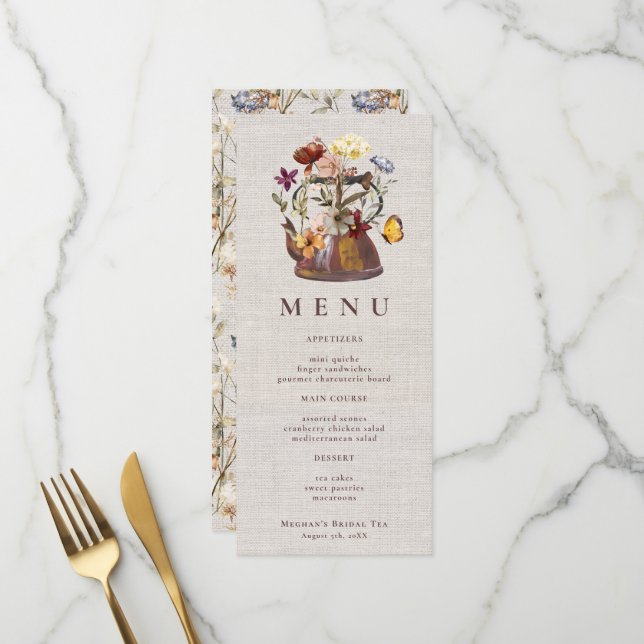Menu du Tea Party Fleur sauvage de linge d'aquarel (Devant/Arrière en situation)