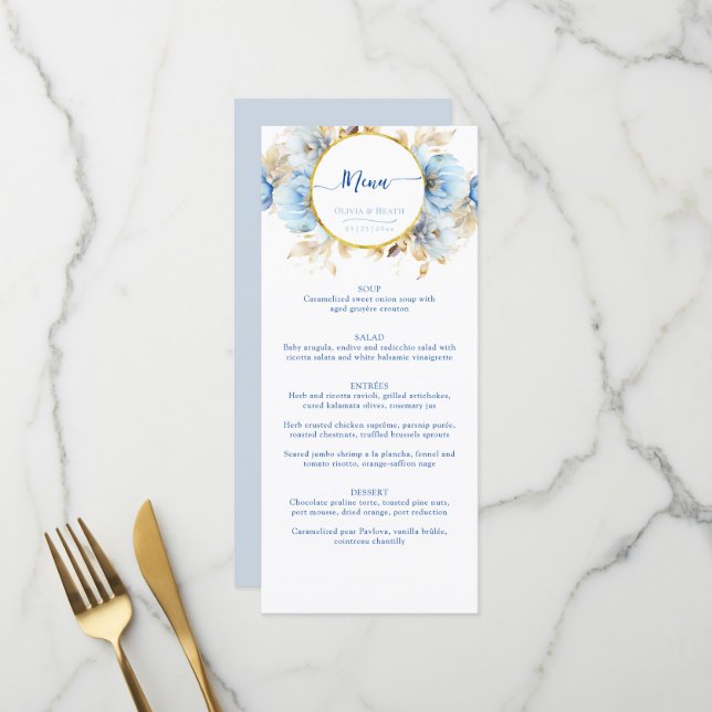 Menu Dusty Blue 2 Floral Gold Mariage (Devant/Arrière en situation)