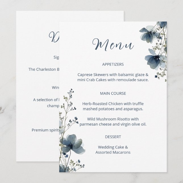 Menu Dusty Blue Botanical Wedding (Devant / Derrière)