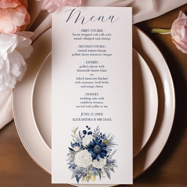 Menu Dusty Blue et Navy Floral Mariage élégant (Créateur téléchargé)