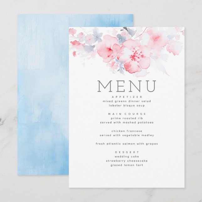 Menu Dusty Blue et Rose Floral à thème (Devant / Derrière)