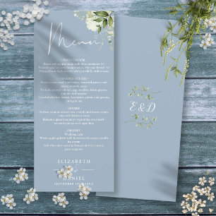 Menu Dusty Blue Floral Greenery Monogram Dîner Mariage
