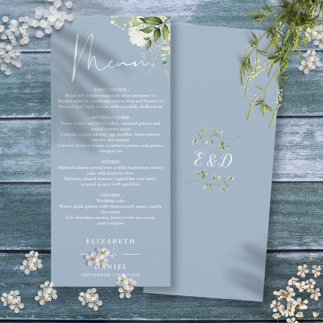 Menu Dusty Blue Floral Greenery Monogram Dîner Mariage (Dusty Blue Floral Greenery Monogram Wedding Dinner Menu)