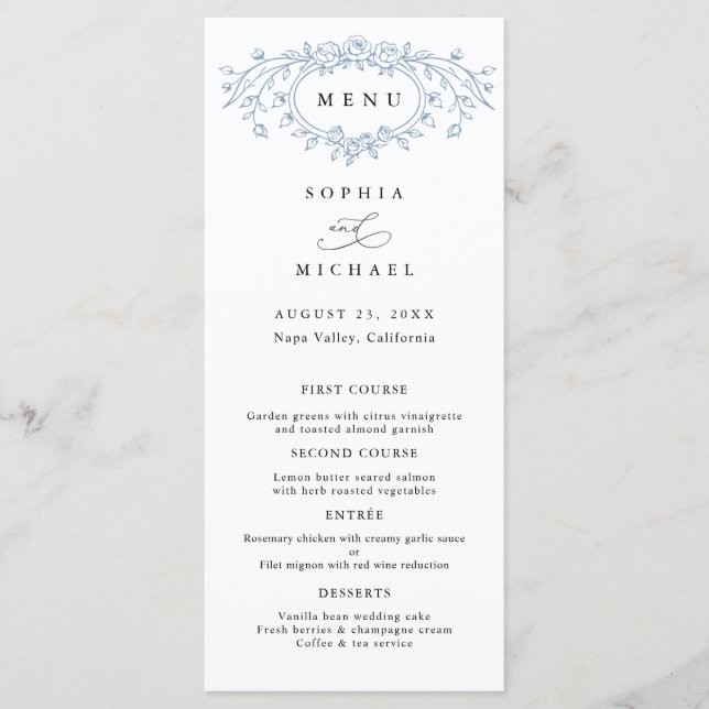 Menu Dusty Blue Floral Line Art Wedding Flat (Devant)