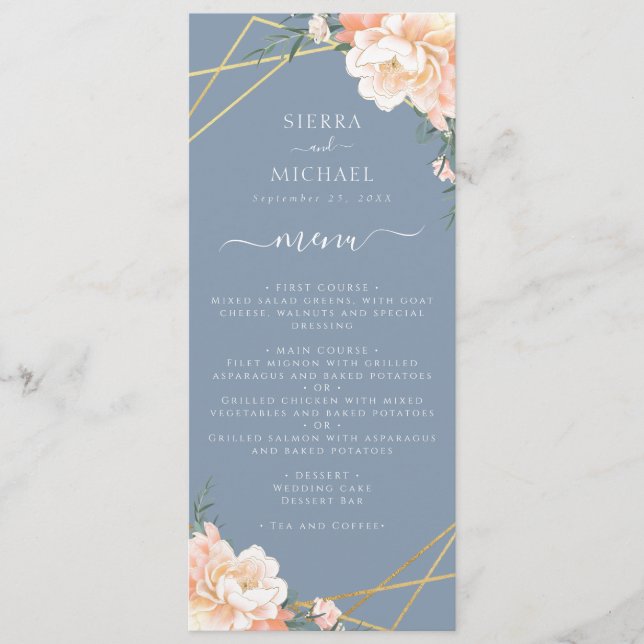 Menu Dusty Blue Floral Peach Gold Mariage Réception (Devant)