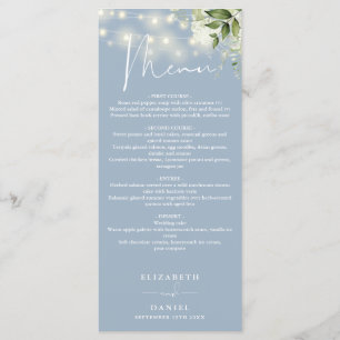 Menu Dusty Blue Floral String Lights Dîner Mariage