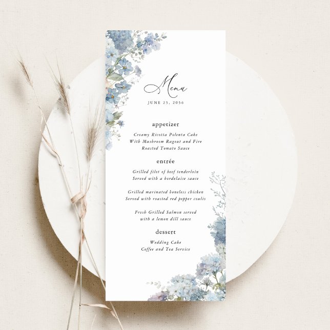 Menu Dusty Blue Floral Wedding Reception Dinner (Dusty blue watercolor wedding menu card, elegant floral reception dinner menu table stationery)