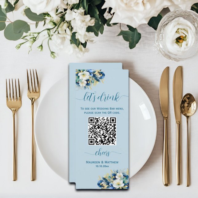 Menu Dusty Blue Gold Parties scintillant Floral QR Code (Créateur téléchargé)