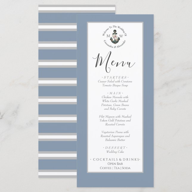 Menu Dusty Blue gris argent, thème nautique mariage (Devant / Derrière)