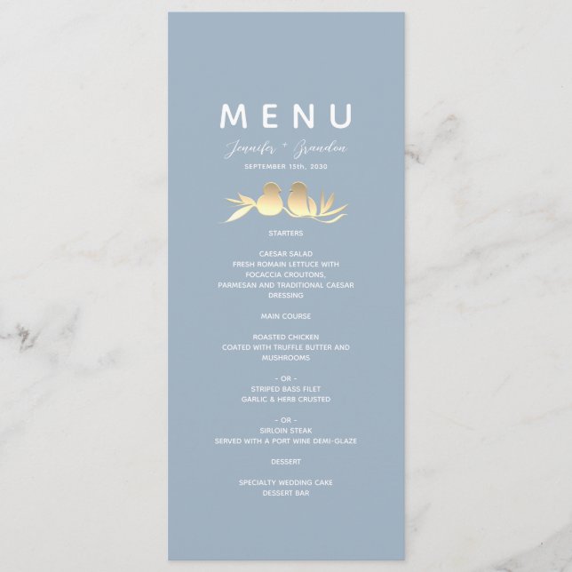 Menu Dusty Blue Lovebirds Wedding (Devant)