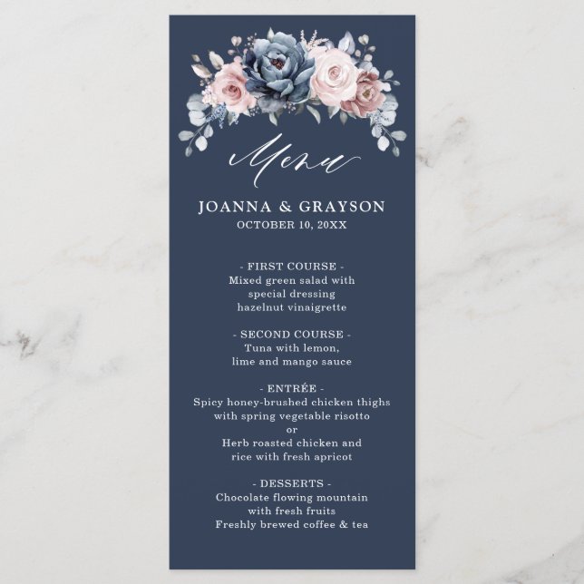 Menu Dusty Blue Mauve Rose rose ardoise Mariage floral  (Devant)