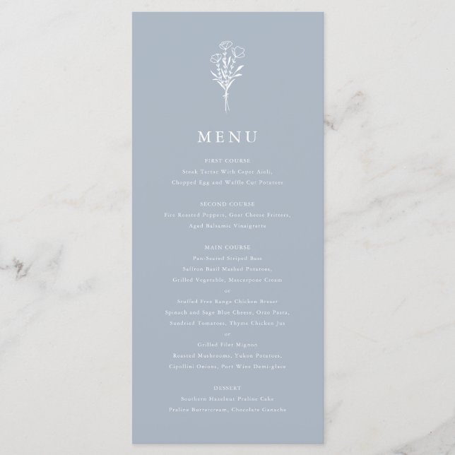 Menu Dusty Blue Minimalist Floral Bouquet Mariage (Devant)