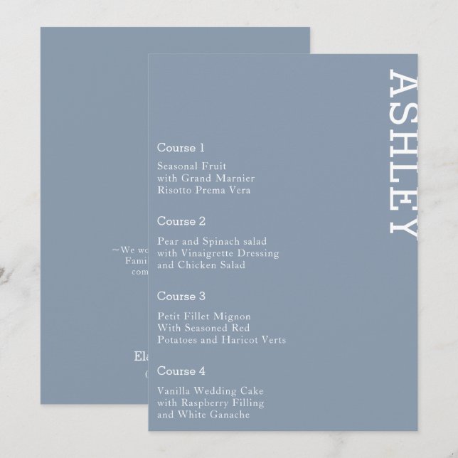 Menu Dusty Blue Personnalisé Nom d'invité Mariage (Devant / Derrière)