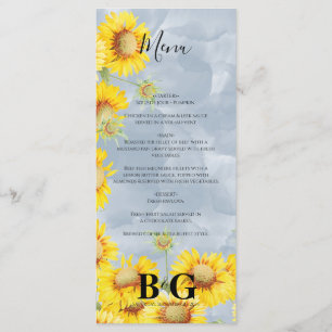 Menu Dusty Blue Watercolor Sunflowers Monogram Mariage