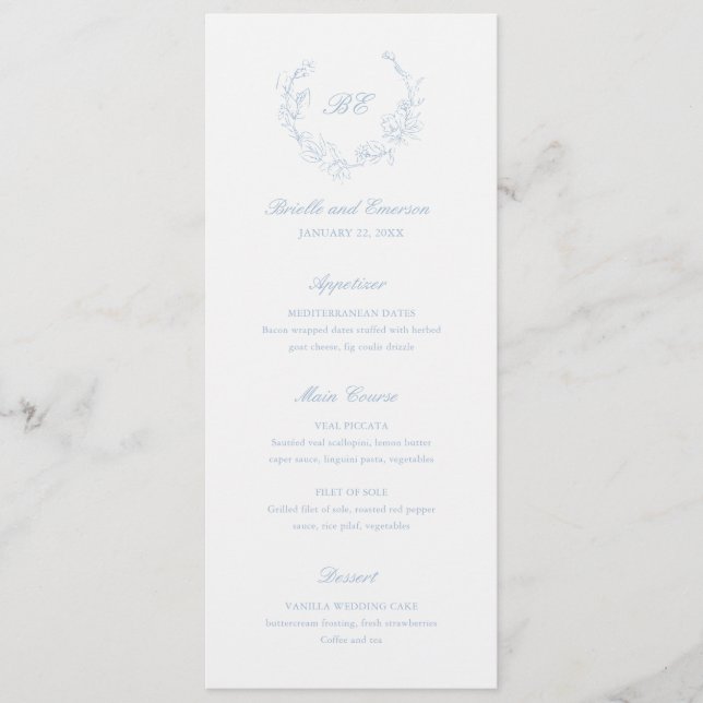 Menu Dusty Blue Wreath Monogramme Mariage élégant (Devant)