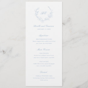 Menu Dusty Blue Wreath Monogramme Mariage élégant