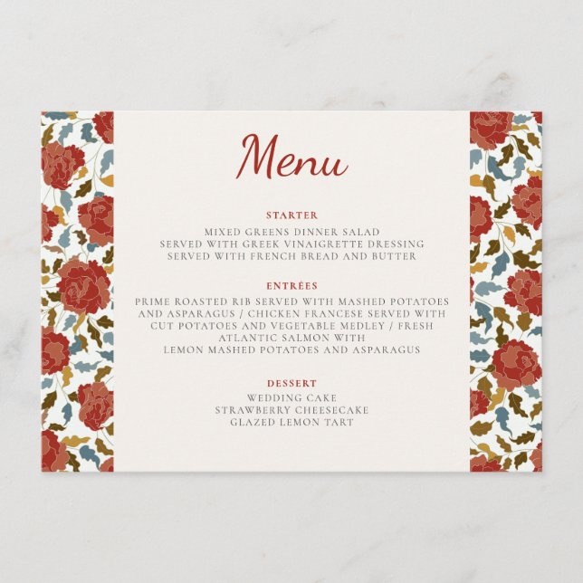 Menu Dusty Elegant Golden Red Rose Mariage (Devant)