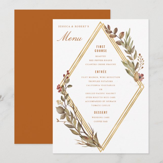 Menu Dusty Sage Gold Mariage de automne de rouille diam (Devant / Derrière)