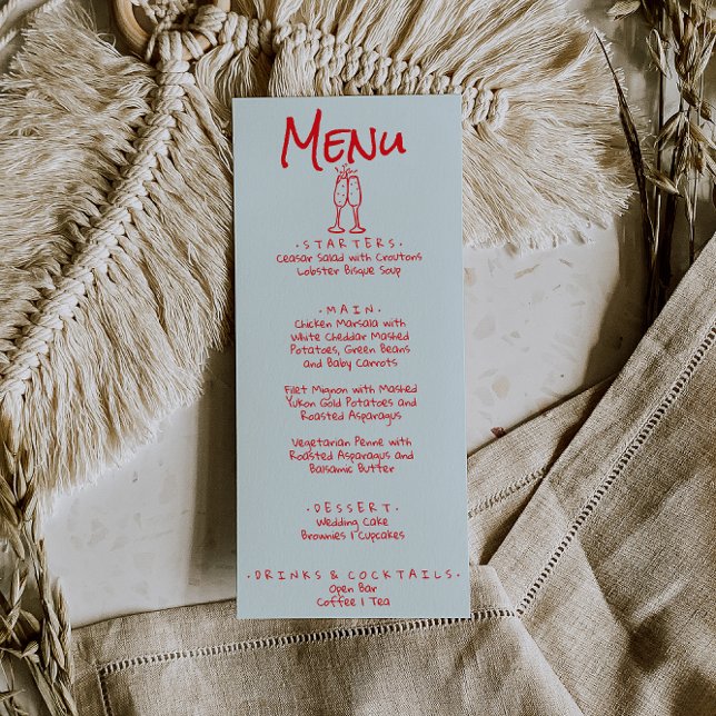 Menu Écrite à la main Bleu Rouge Rétro Mariage ironique (Créateur téléchargé)